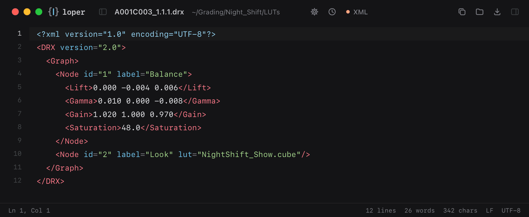 A001C003_1.1.1.drx opened in Loper: DaVinci Resolve still (.drx) with color-coded XML