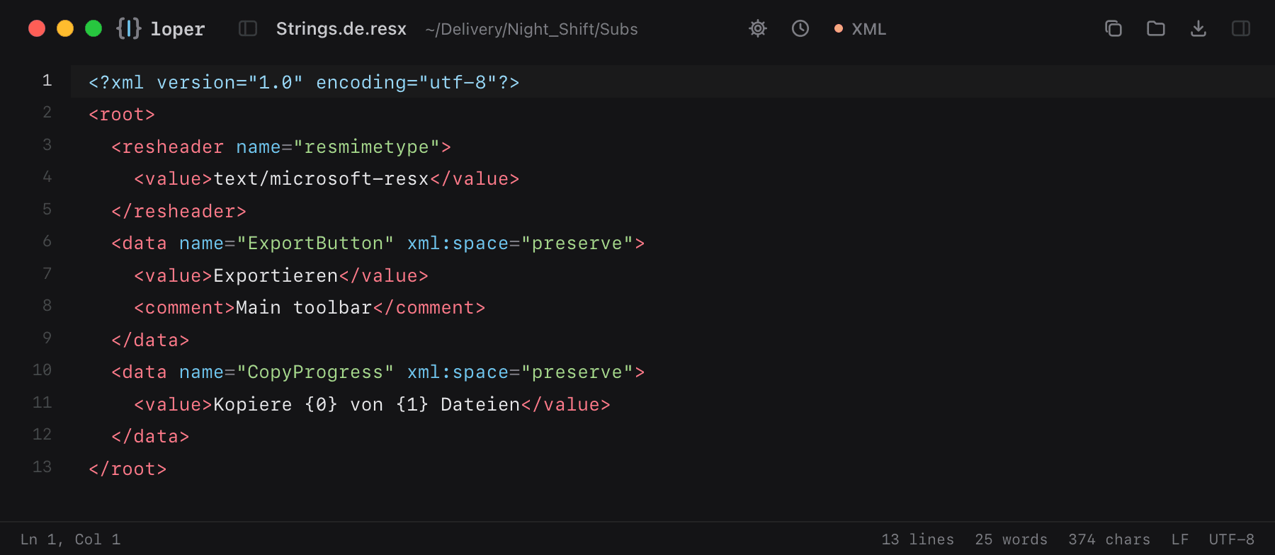 Strings.de.resx opened in Loper: .NET resources (.resx) with color-coded XML