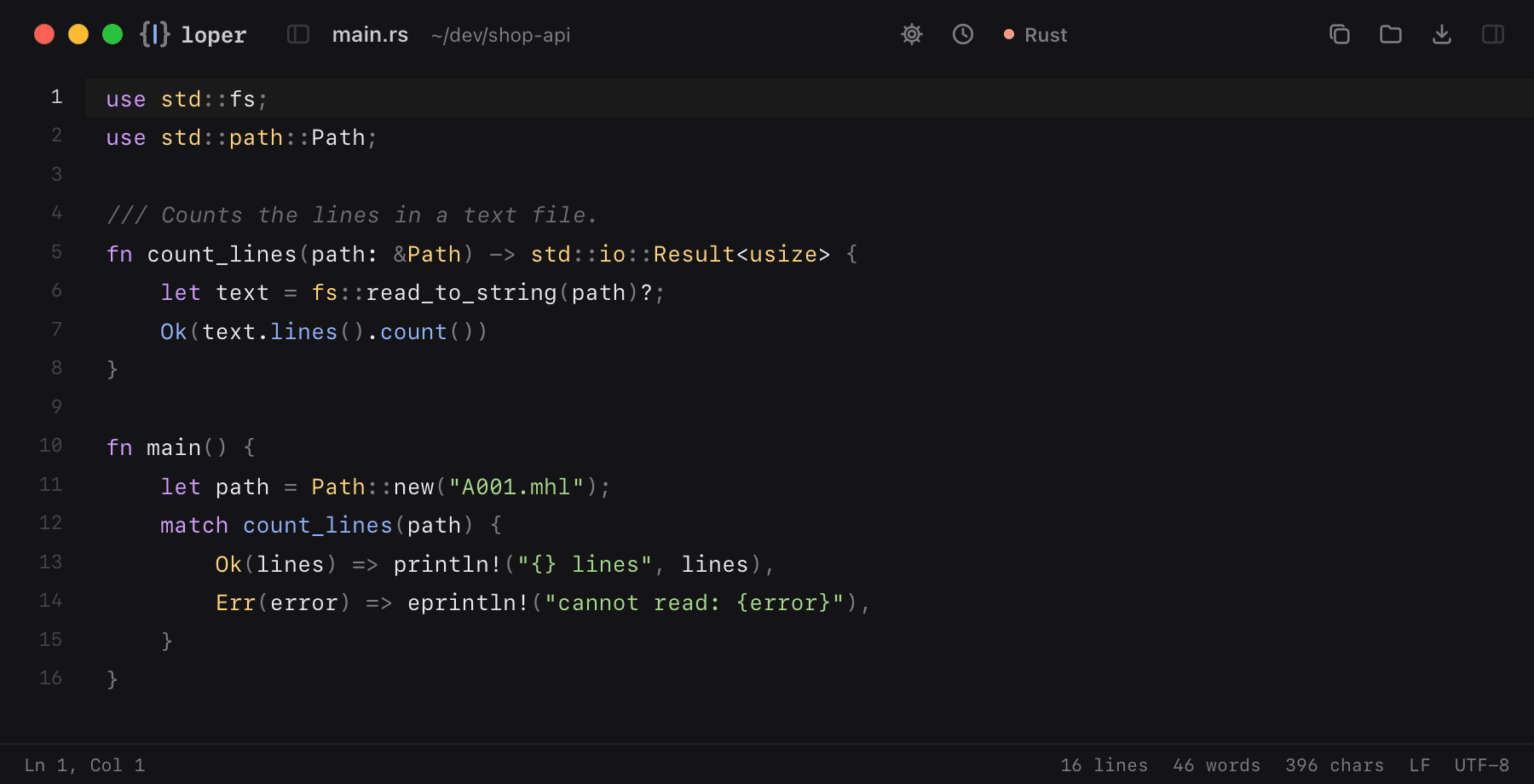 main.rs opened in Loper: Rust with color-coded Rust