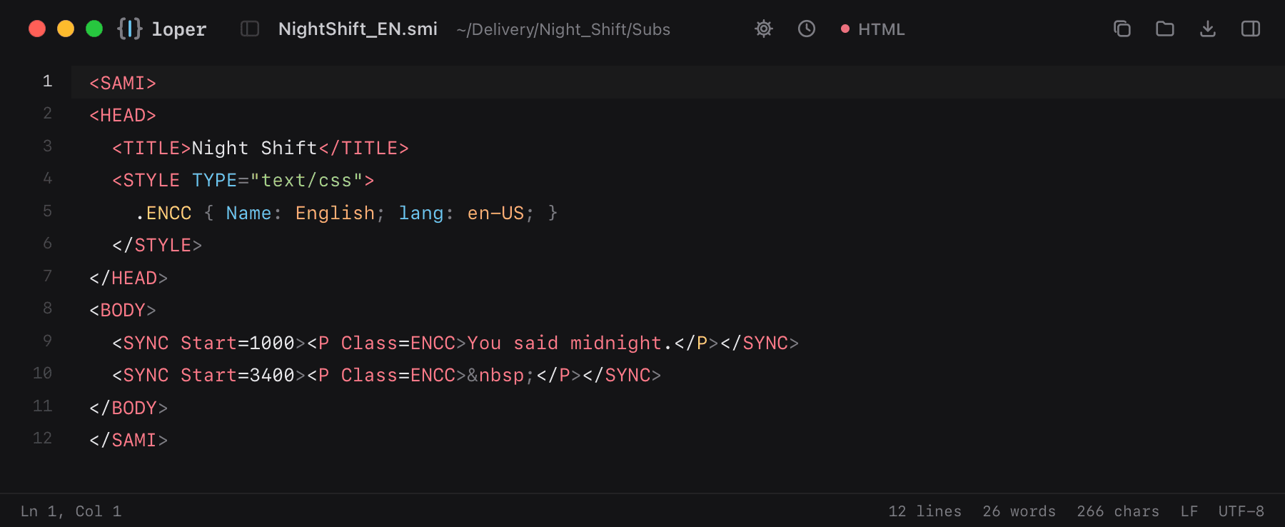 NightShift_EN.smi opened in Loper: SAMI captions (.smi) with color-coded HTML