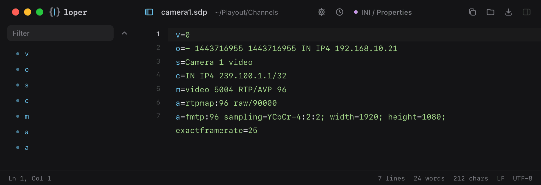 camera1.sdp opened in Loper: SDP (ST 2110 / RTP) with color-coded INI / Properties
