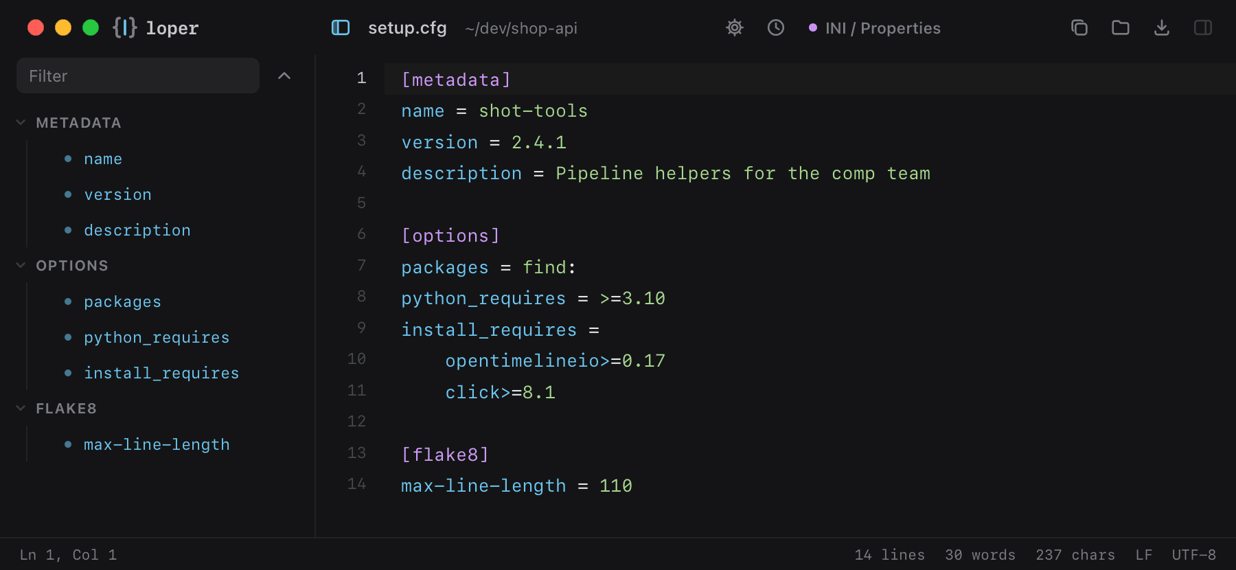 setup.cfg opened in Loper: Python setup.cfg / tool config with color-coded INI / Properties