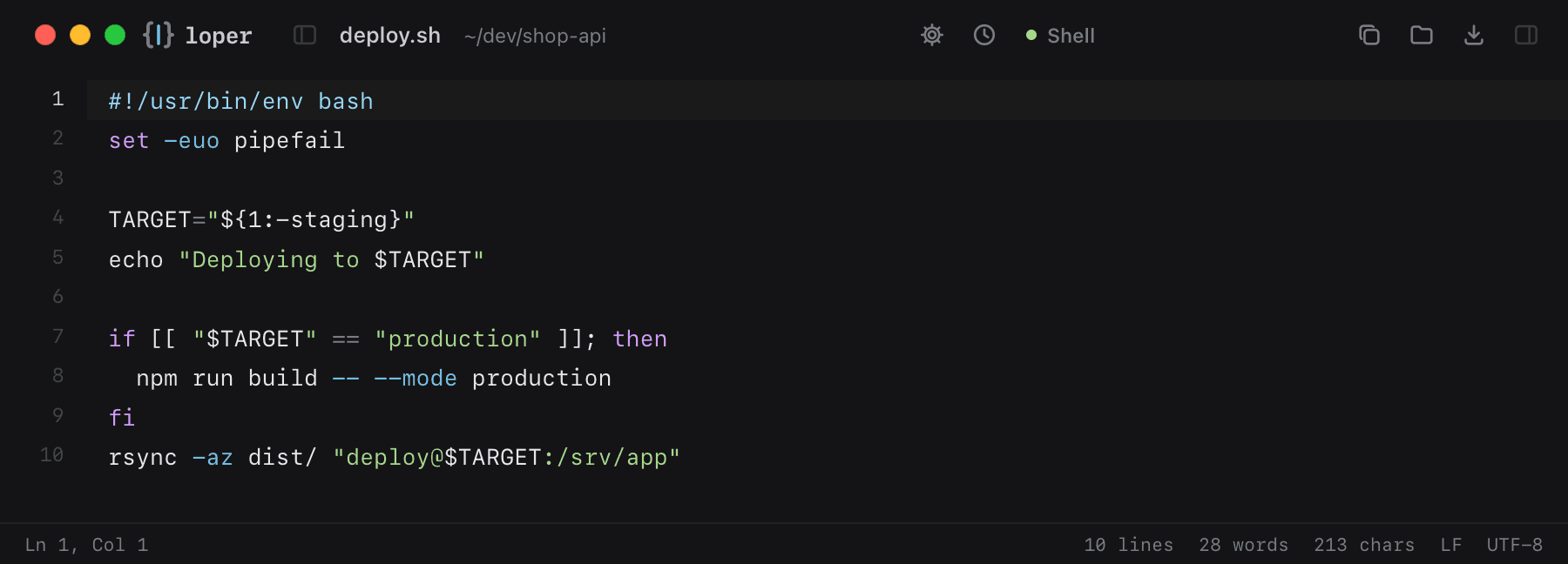 deploy.sh opened in Loper: Shell scripts & dotfiles with color-coded Shell