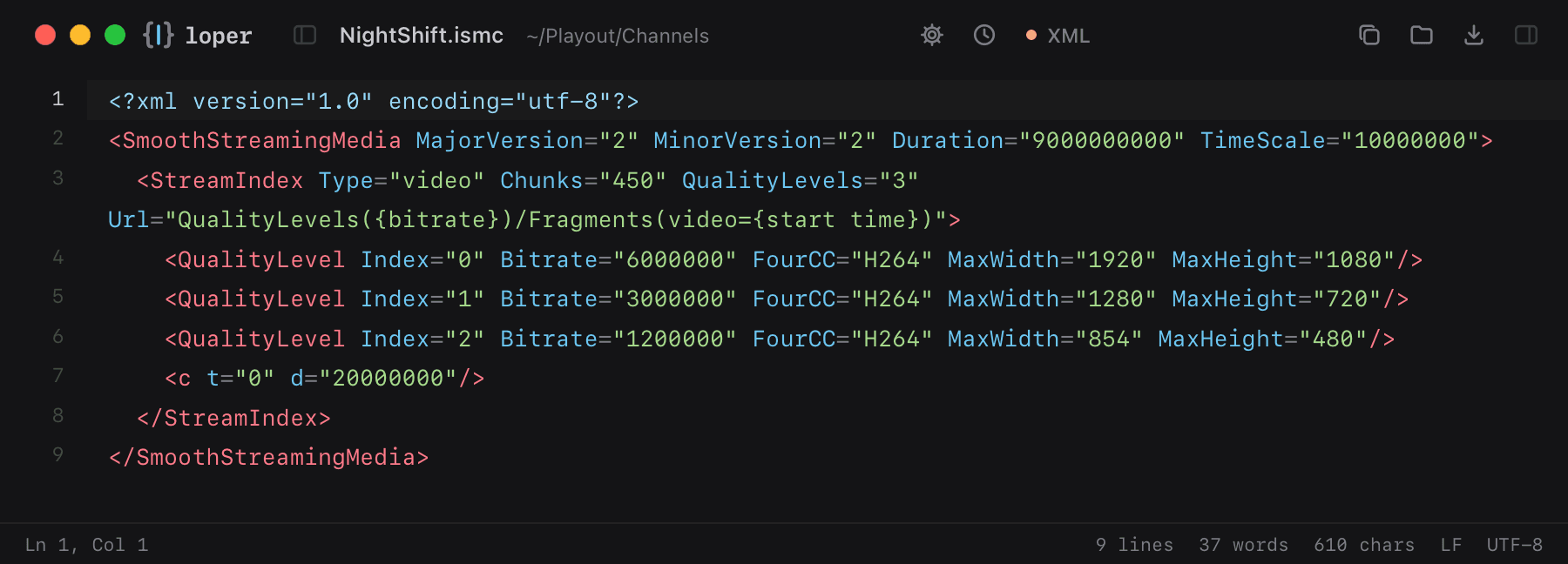 NightShift.ismc opened in Loper: Smooth Streaming manifest (.ism, .ismc) with color-coded XML