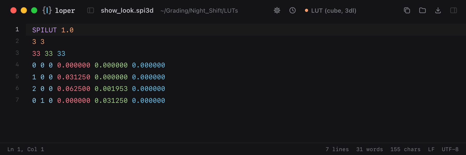 show_look.spi3d opened in Loper: Sony Imageworks 3D LUT (.spi3d) with color-coded LUT (cube, 3dl)