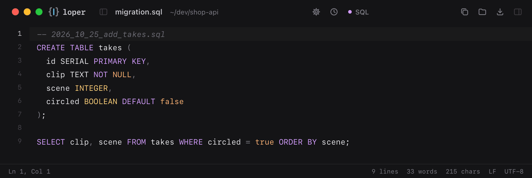 migration.sql opened in Loper: SQL with color-coded SQL