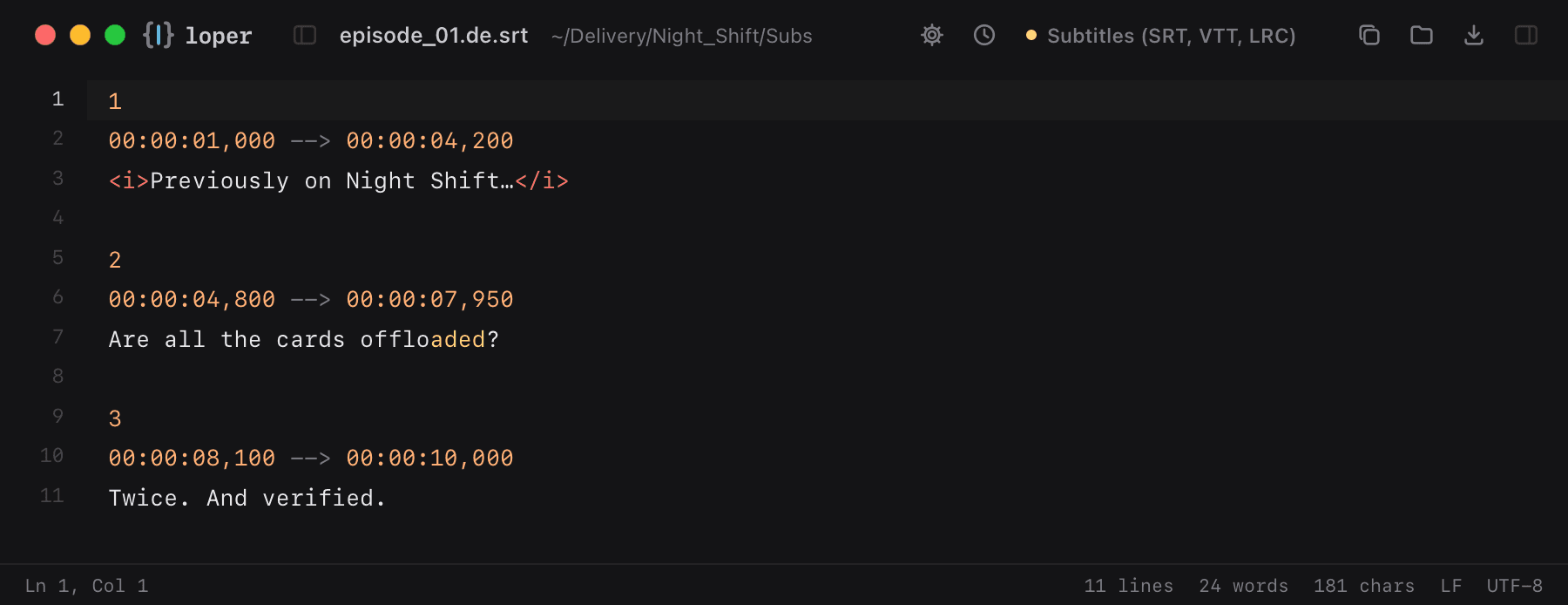 episode_01.de.srt opened in Loper: SubRip subtitles (SRT) with color-coded Subtitles (SRT, VTT, LRC)