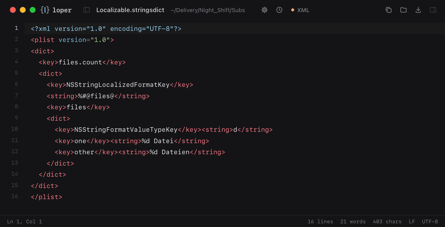 Localizable.stringsdict opened in Loper: Apple plural rules (.stringsdict) with color-coded XML