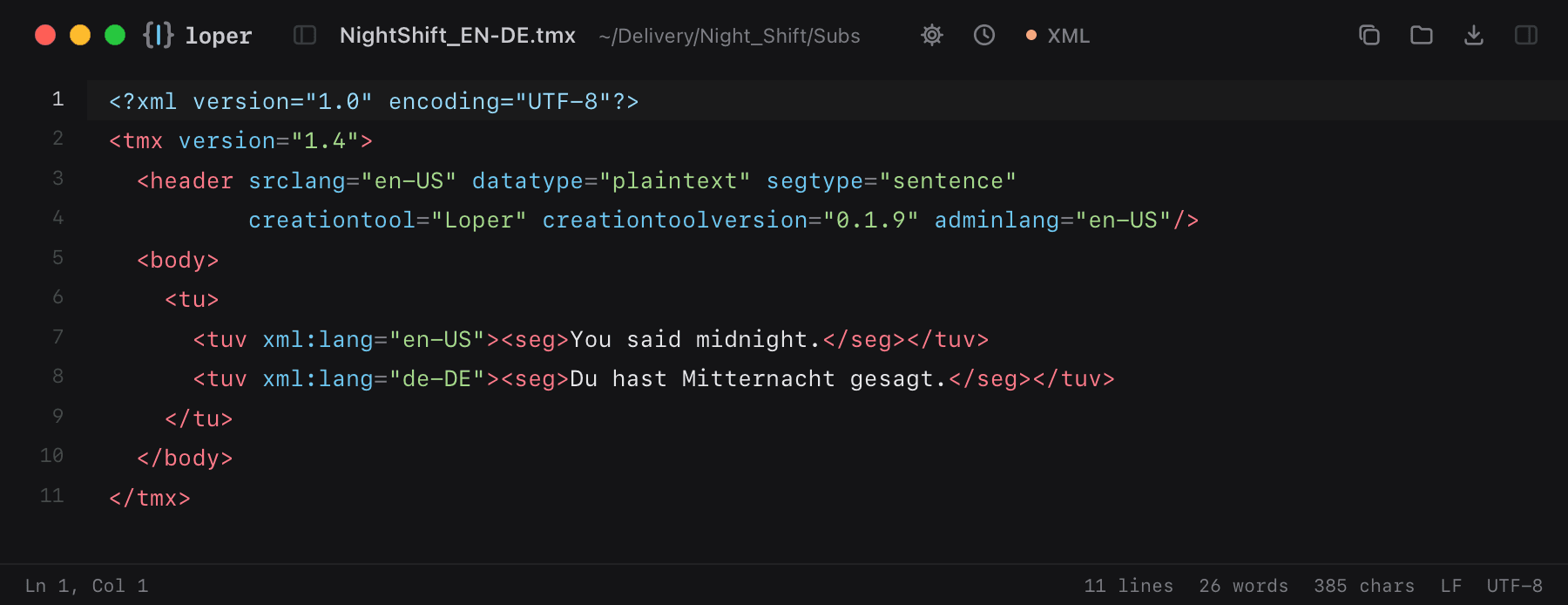 NightShift_EN-DE.tmx opened in Loper: Translation memory (.tmx) with color-coded XML