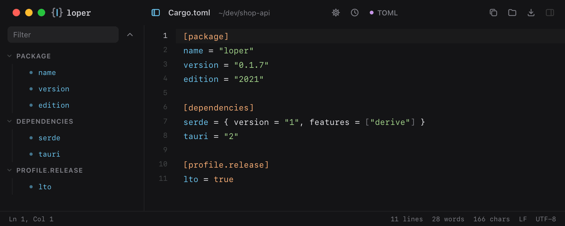 Cargo.toml opened in Loper: TOML with color-coded TOML
