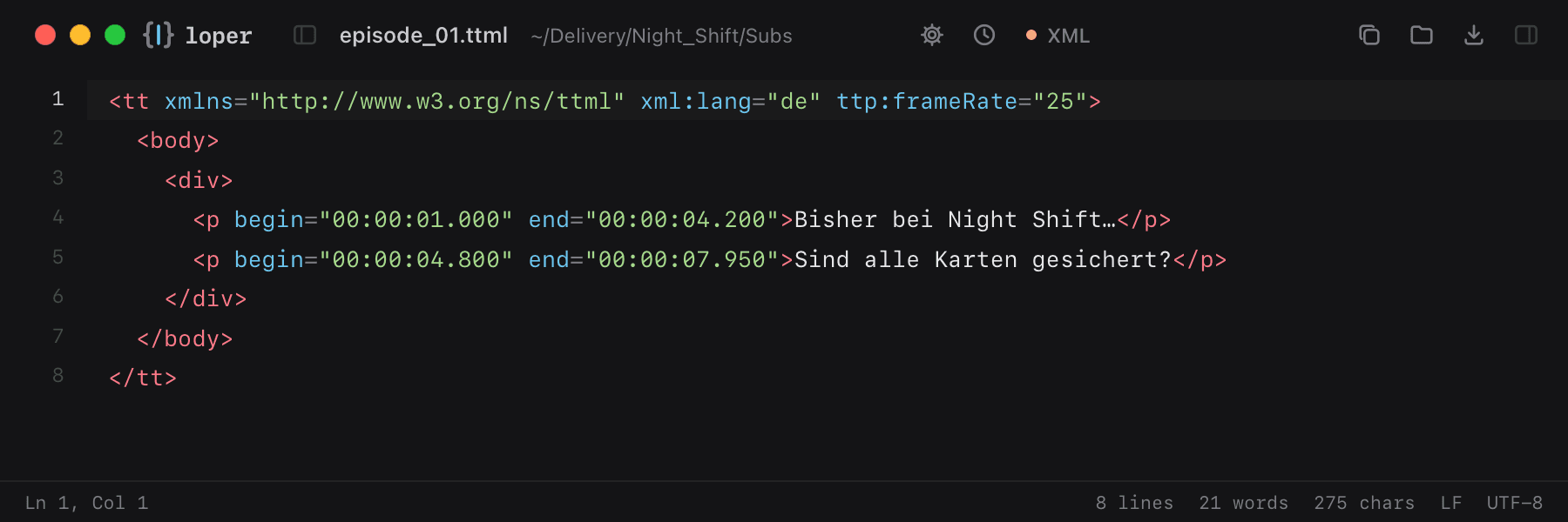 episode_01.ttml opened in Loper: TTML / DFXP / IMSC / iTT with color-coded XML