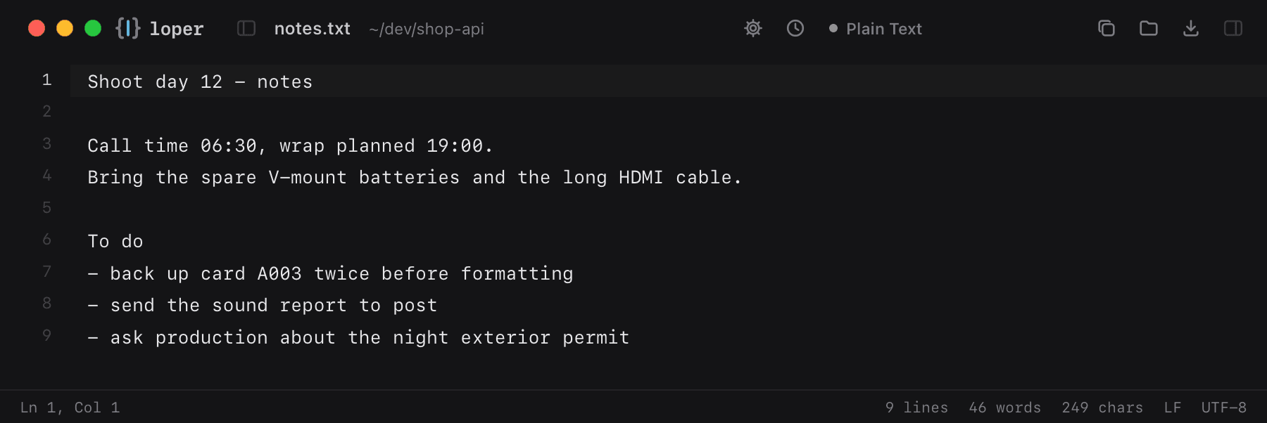 notes.txt opened in Loper: Plain text with color-coded Plain Text