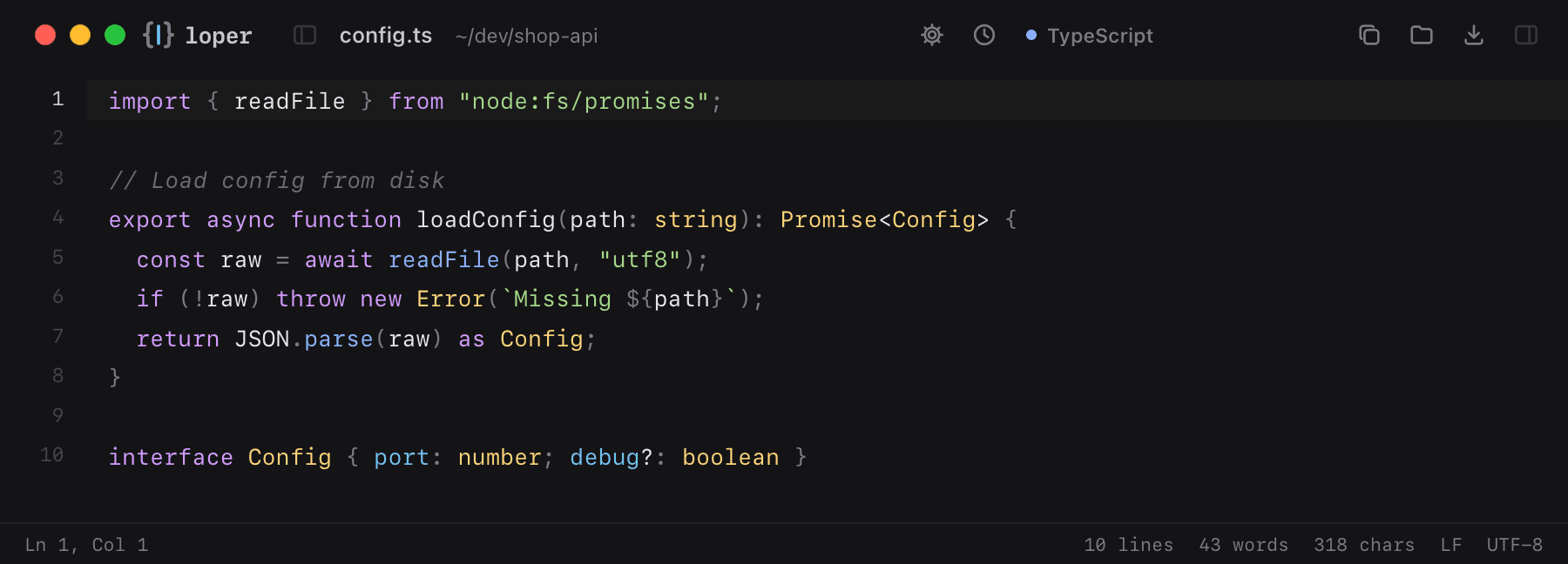 config.ts opened in Loper: TypeScript & JavaScript with color-coded TypeScript