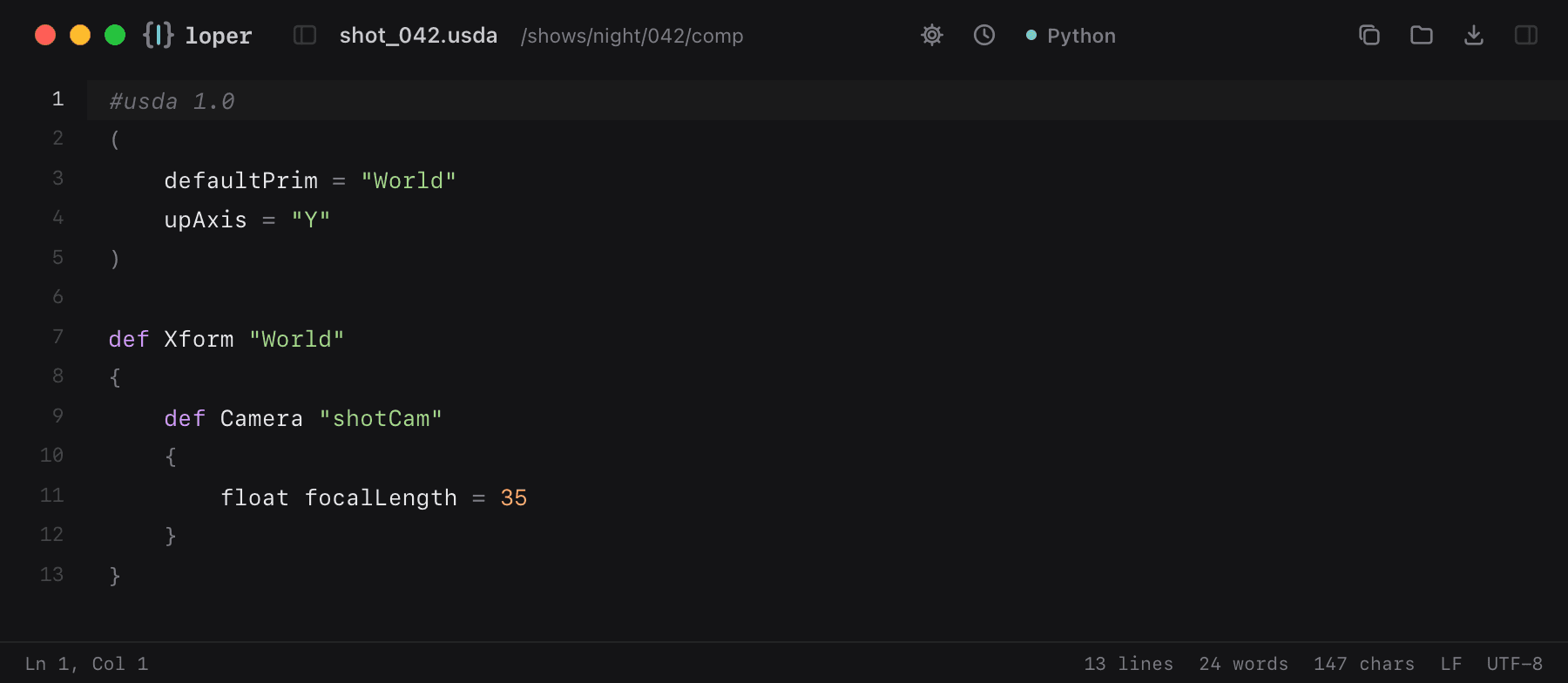 shot_042.usda opened in Loper: USD (ASCII) with color-coded Python