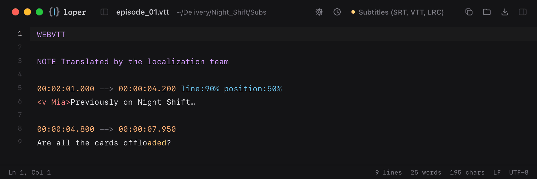 episode_01.vtt opened in Loper: WebVTT with color-coded Subtitles (SRT, VTT, LRC)