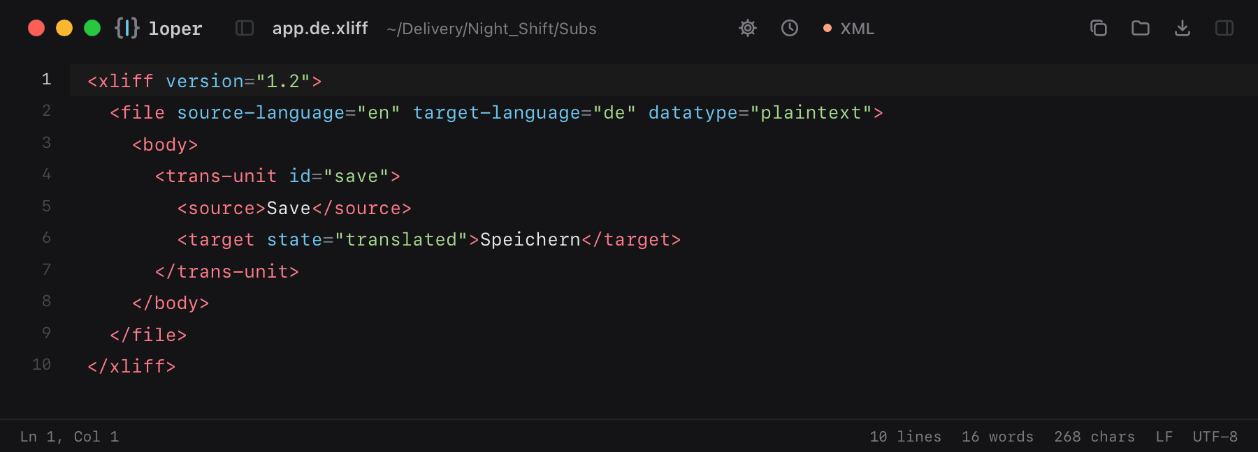 app.de.xliff opened in Loper: XLIFF translations with color-coded XML