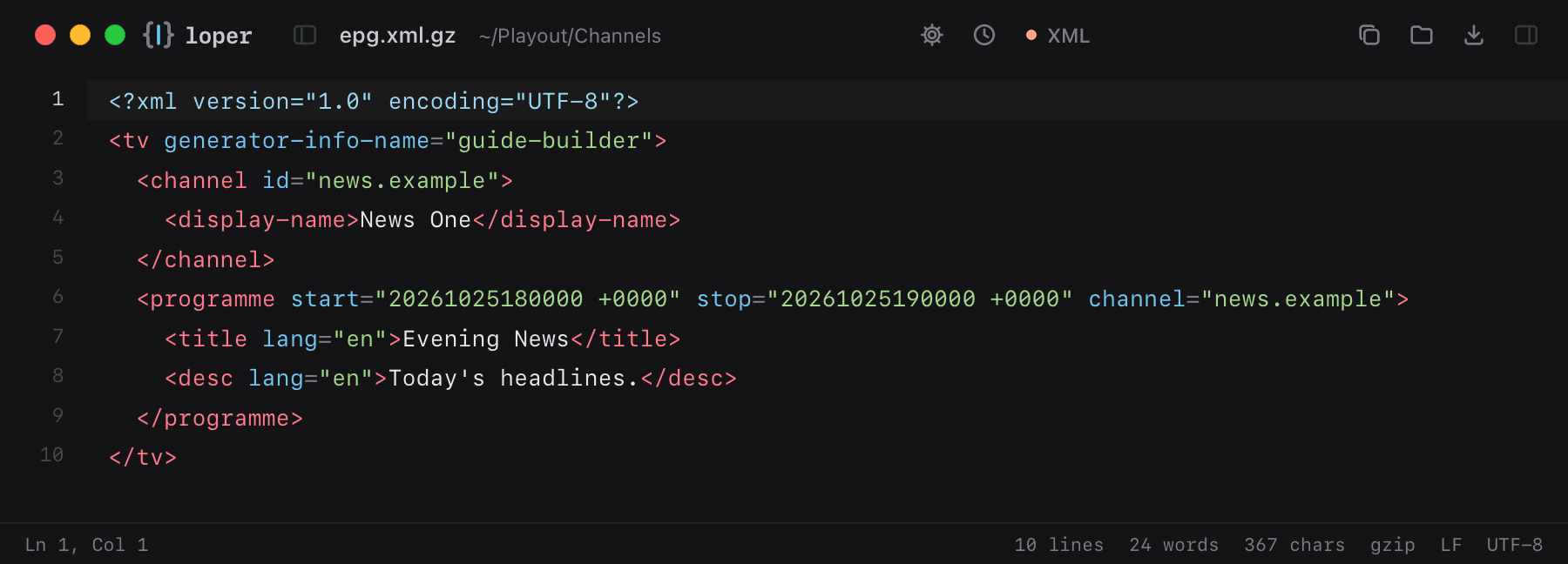 epg.xml.gz opened in Loper: XMLTV EPG with color-coded XML