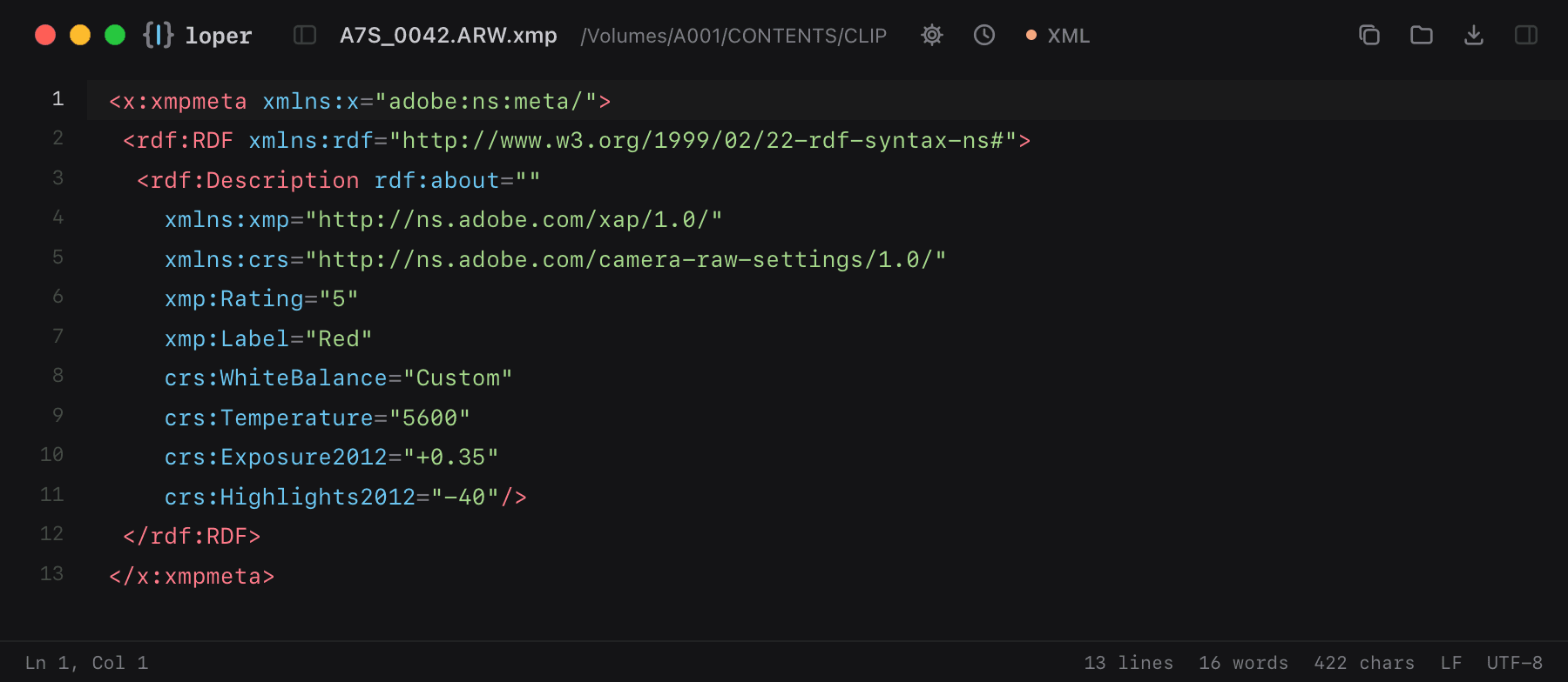 A7S_0042.ARW.xmp opened in Loper: XMP sidecar (Lightroom, Bridge, Capture One) with color-coded XML