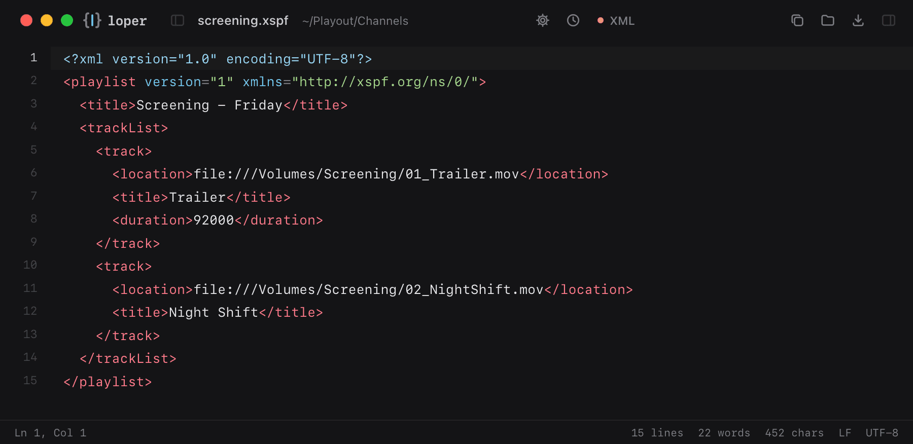 screening.xspf opened in Loper: XSPF playlist with color-coded XML
