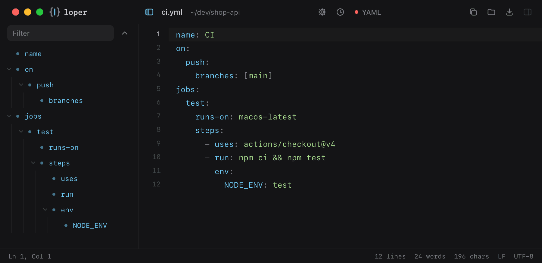 ci.yml opened in Loper: YAML with color-coded YAML